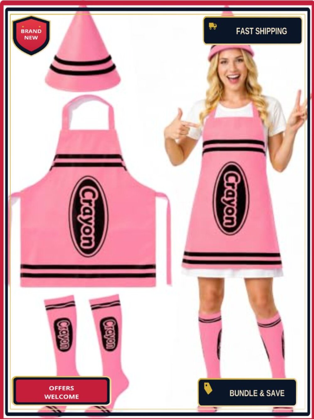 Adult Crayon Costume Set 3-Piece Apron Cone Hat Socks Halloween Party